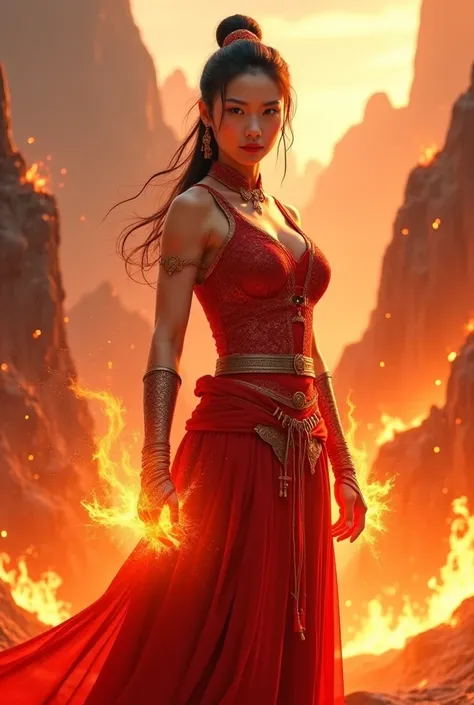 A young East Asian woman stands in a fiery, otherworldly landscape. She is in a warrior pose, her arms slightly bent with fire emanating from her hands. Her expression is serious and determined. Her dark hair is styled in a manner that seems elegant for he...