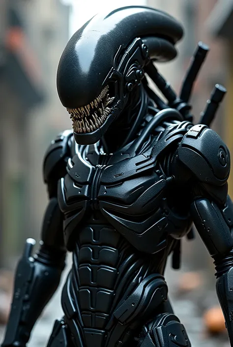 Armor is pvc-black, lower half of mask modeled after the teeth of H.R. Gigers xenomorph alien from Alien film - sharp silver teeth, hissing, clenched teeth, Yautja-predator-mask