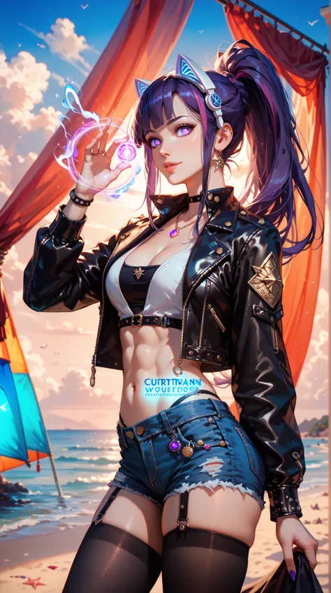  A beautiful masterpiece illustration ， High Quality ， depicts a chest-fitting cat on a beach at dusk， with beautiful detailed eyes ，( perfect body proportions:1.5)，Magic pupil，Glowing Arms ，headgear，curtain，Long Purple Hair ， black tights ， colorful ，high...