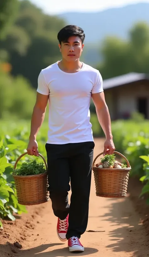  Make a picture of a handsome young man in a white T-shirt, loose black pants, red Converse shoes carrying his garden in two pieces 
basket made of woven bamboo with a tree trunk,see his body wet with sweat , walking along a path full of single wood in his...