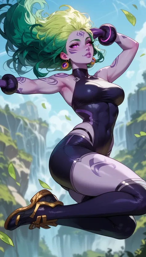 perfect eyes、 perfectly sexy face、 ultra detailed 、ultra perfect eyes、Holo、1girls, purple skin, jumping, green color hair, full clothes, game character concept