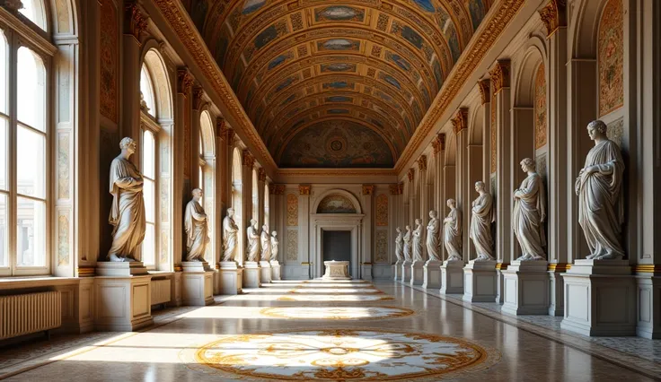 A corridor of the Vatican Museums ,  with frescoes and ancient sculptures adorning the walls and ceilings.