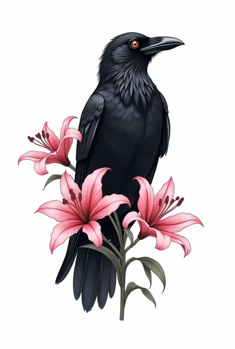  creates a design for a tattoo that combines elegance and mystery . A raven drawn in fine lines ,  whose limbs and contours fade gently in shade ,  giving an ethereal sensation .  Accompany it with delicate pink lilies that provide contrast and softness . ...