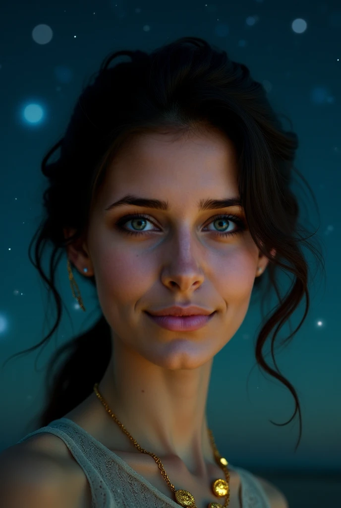 Whole body pose of a 30 year old dark hair woman, green eyes, looking directly at a viewer, smiling gently. Wearing subtle golden neckles with glowing green stone. Dark night sky as background with hundrets of stars and blue nebulas. best quality masterpie...