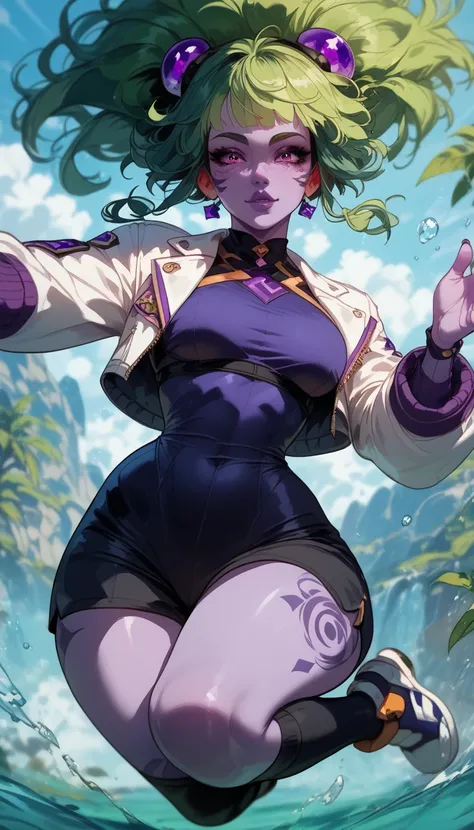 perfect eyes、 perfectly sexy face、 ultra detailed 、ultra perfect eyes、Holo、1girls, purple skin, jumping, green color hair, full clothes, game character concept