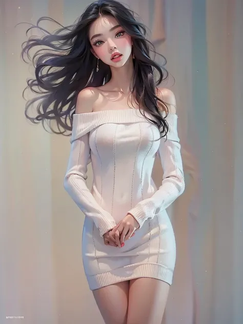 Hyper-realistic,photorealistic, super high definition painting,a beautiful young girl, Age 15、detailed face, Thick lips、Open the center of the shiny lips slightly、long black hair, Off Shoulder White Sweater Mini Dress , black tights,black heels,Highlight b...