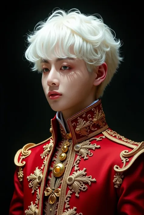  Create a portrait of an ethereal albino prince with snow-white hair falling in soft waves on his forehead .  The main outfit consists of a two-tone suit :  a deep red almost wine on the outer parts ,  complemented by old gold details that create intricate...