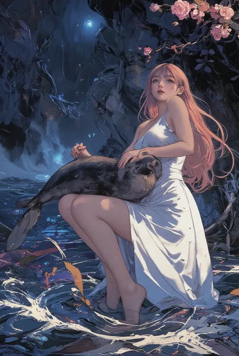 ((line-art Anime, manga aesthetic, highly detailed, vibrant colors, dynamic lighting, soft shading, 8k resolution, masterpiece)),(((1girl_seal:1.2)))A woman emerging from water, with a seal climbing up beside her to embrace her, symbolizing harmony and con...