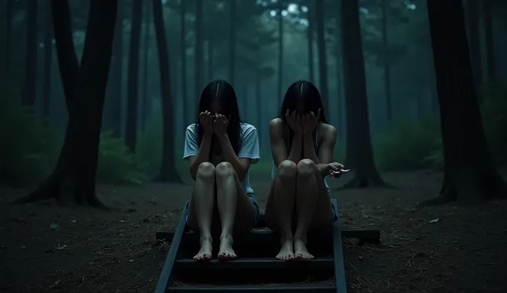 "A chilling scene set in a desolate forest at night, where two 20-year-old girls sit on a few wooden stairs in the middle of the woods. There are no houses or signs of life around. One girl holds a cigarette in her hand, while the other covers her face wit...