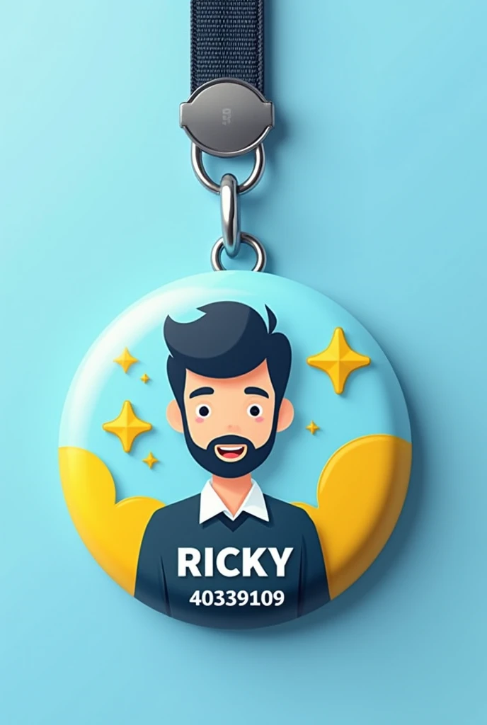  create a round badge with a yellow color, sky blue. ou en haut il faut mettre le nom Ricky en grand character:  and put in front of journalist as his role .  at the bottom ID : 40339109