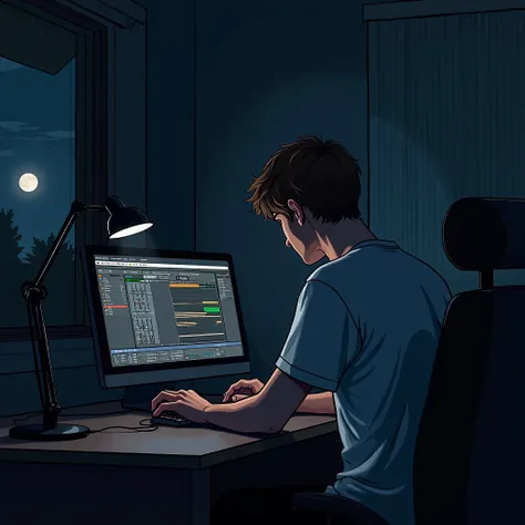  side view,  white adult guy with short brown hair in a t-shirt sits at the computer at night, his face is hidden in the dark ,  The room has a window from which the moon shines and slightly illuminates the room , FL studio ,  there is an unfilled bed in t...