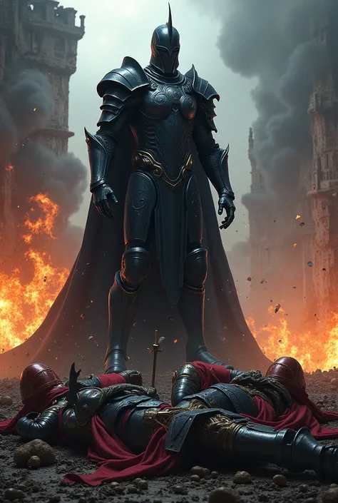 Create a super dark knight in front of several dead colored knights and a castle exploding in the background and spelled well, big UAX