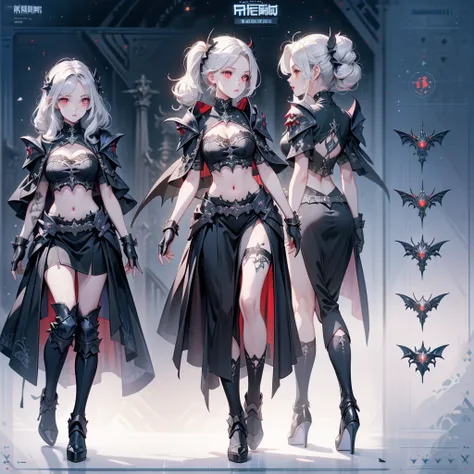 queen power armor , (gothic style), full body view , bellybutton, The most beautiful and sexy demon goddess, long white hair, glowing red eyes, wearing detailed black gothic battle armor, black angel wings, tattoos and piercings, gothic castle, perfect mas...