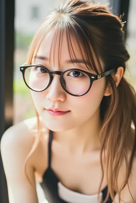 (8k, 4K,  top quality ,  high res, ultra  high res:1.1), (Artwork,  realistic, photo- realistic:1.1),  1 girl, debtace, Thick black-rimmed glasses, Sexy,  close,  twin tails, Blonde,( slender waist  ) ( Look at the Viewers :2), blush, Nikon Z9, 30mm lens, ...