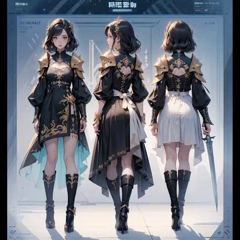 (((masterpiece, best quality, high detailed, 16k))) (1girl) A dark and cursed female game character, wearing ornate black and gold armor, wielding a cursed blade, with dark vambraces and cursed boots, in a gloomy, atmospheric lighting, full body shot, (bes...