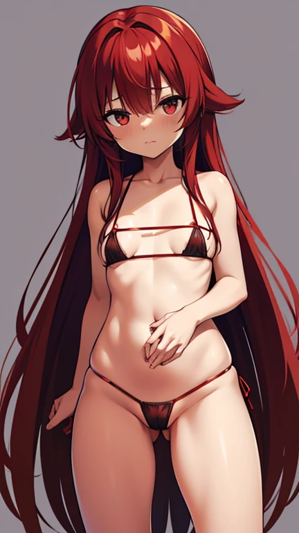 nsfw, Red-haired, brown-skinned, long-haired, small  wearing a micro bikini that widens her pussy with both hands and is waiting to be put in