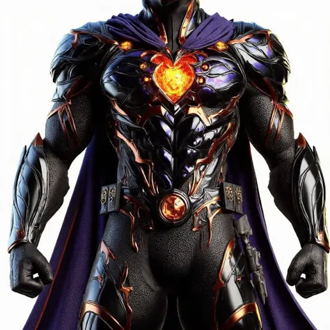  sexy 22-year-old man ,  blonde hair, platinum stripes .  Eyes shining in gold . Glittering black armored superhero costume with orange details , purple and black,  with fabric details , muscular.  armoured armbands ,  black boots,  a mitten with arcane or...