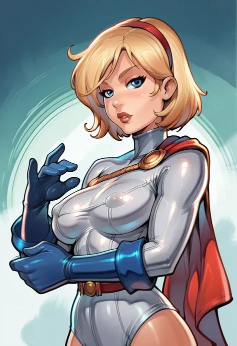 score_9, score_8_up, score_7_up, score_6_up, score_5_up, score_4_up, 1girl, solo, skinny, blue eyes, blonde hair, hairband,  hairband,  ,dressed as power girl,reiq