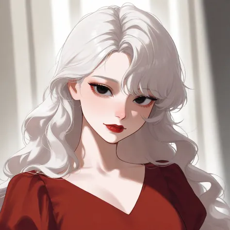 oc, Homicipher, female, semi realism, white sking, red lips, white long wavy hair, dark eyes, red dress, 