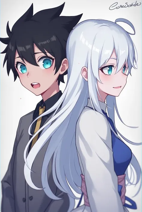 Two s with their backs to each other, one with black hair and blue eyes with an animated face and the other with white hair and blue eyes, with a calmer face with features from the game Andertale.