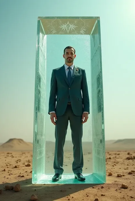 Create a picture of Bashar Al-Asad in a crystal cage like Farao 