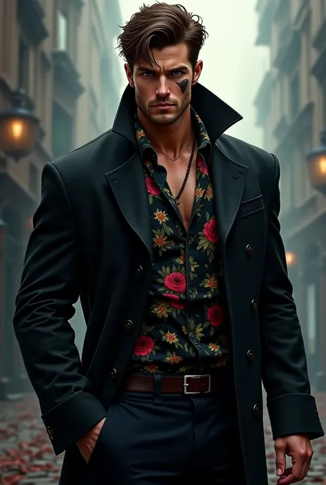 a nice tall guy wearing a black overcoat , a black shirt printed with colorful flowers under the overcoat,  brown hair and a scar on his left eye , Muscular Atlético  ( full-body art in the style of the Celbbiti RPG "Paranormal Order") 