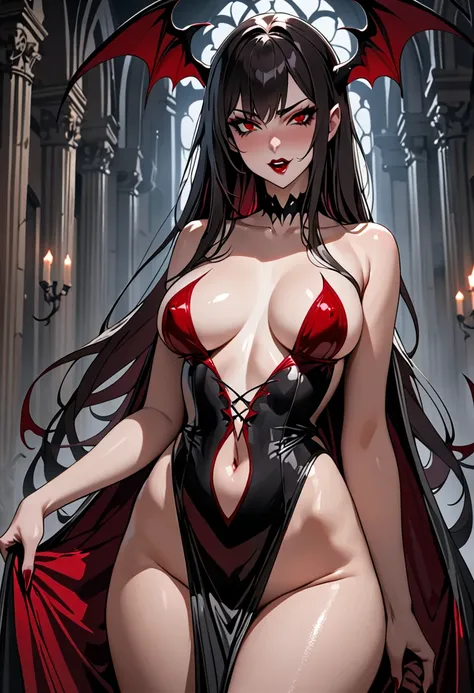 ((masterpiece, top quality,  Ultra Fine,  high res)),Beautiful tall woman with dark hair,nsfw,2D,vampire,Succubus