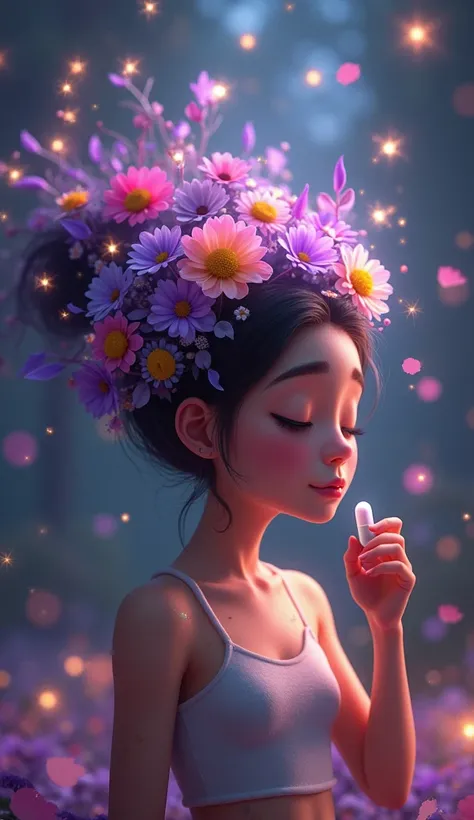 After swallowing the pill, the young woman’s face slowly relaxes, with her expression shifting to one of calmness and peace. The environment around her begins to transform in a dramatic, Pixar-inspired way, with the once gray room now filled with bright, v...