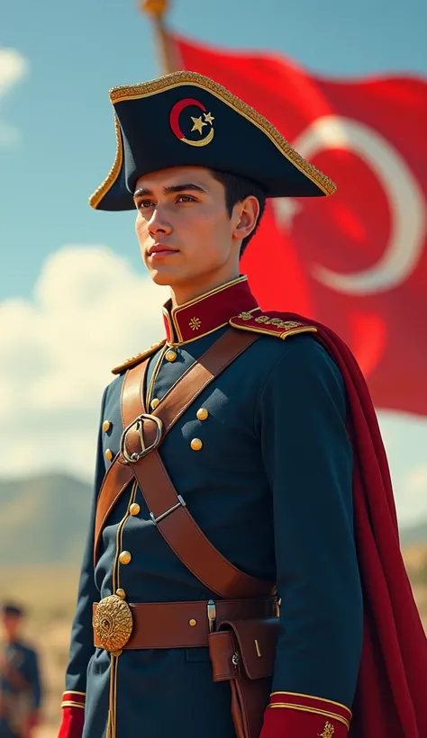 Teen Turkish soldier with tricorn hat and turkish flag 