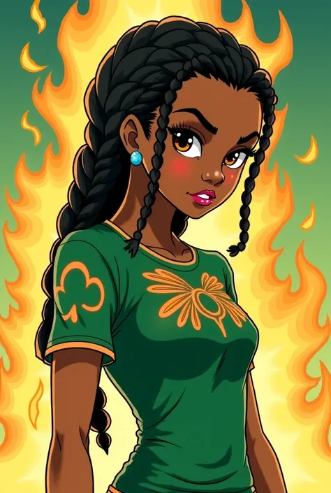 Imagine a lady with emerald colored flames behind her. She is putting on an emerald shirt with designs made of orange color. She is an African American. She is on braids. She looks fierce. She is of an anime-style illustration. 