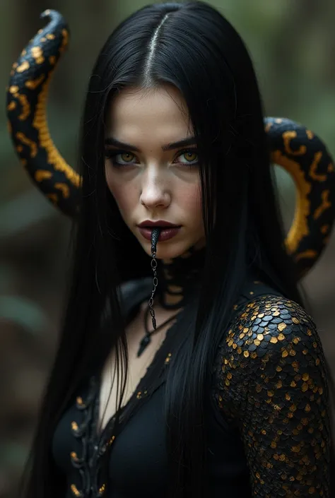  Black snake scales on the shoulders  ,  golden eyes, snake tongue,  straight black hair ,  reaching the middle of the back , pale skin,  dark makeup.  A huge black and gold snake behind her. magic, dark 