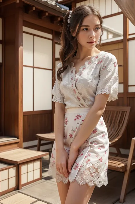        Beautiful Caucasian girl with white skin and blue eyes  ,     Wearing an elegant and feminine kimono dress     (       classic Japanese decoration       ) ,with a wide burgundy obi   ,        and floral lace details and a short pencil skirt.short sl...