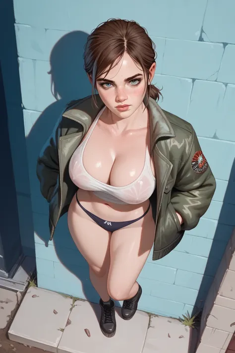 Ellie, TLoU, killing the zombie

Very small panties, big breasts, jacket, you can see the chest,  anime style, from above, 