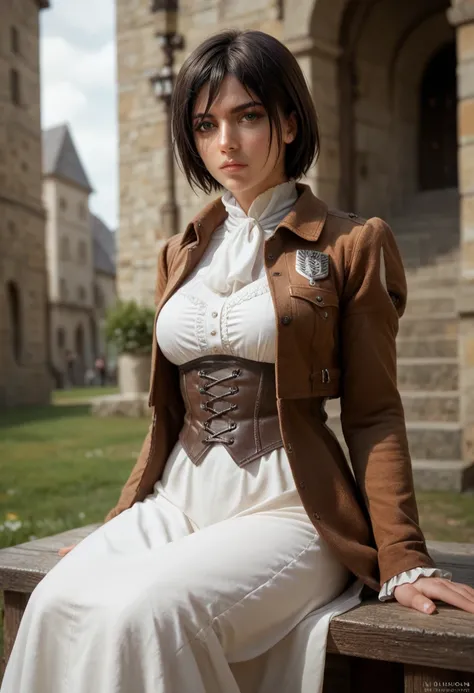 score_9, score_8_up, score_7_up, (masterpiece, UHD, 8K, 16K, ultra detailed), 1girl, mikasa Ackerman, white blouse, brown jacket, sitting, medieval stronghold, diffused light, dramatic ambient