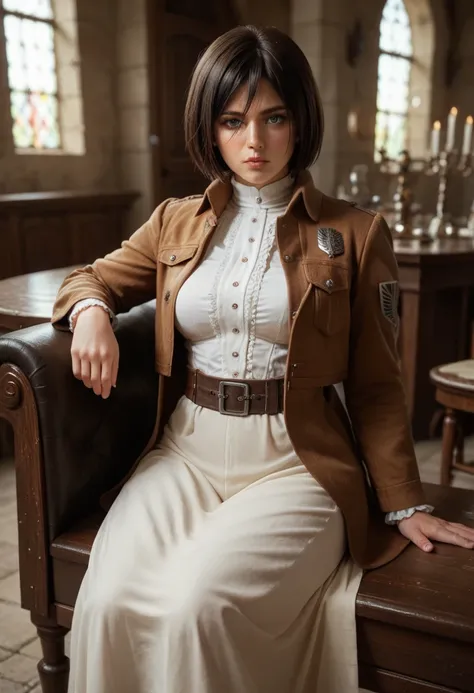 score_9, score_8_up, score_7_up, (masterpiece, UHD, 8K, 16K, ultra detailed), 1girl, mikasa Ackerman, white blouse, brown jacket, sitting, medieval stronghold, diffused light, dramatic ambient