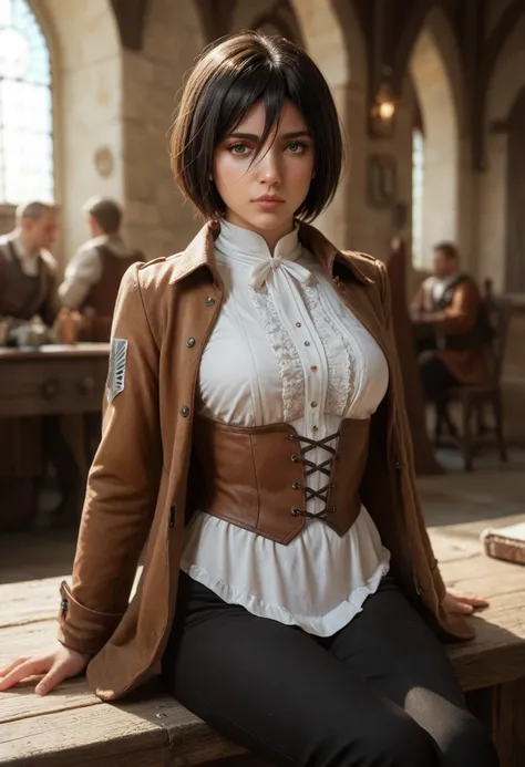 score_9, score_8_up, score_7_up, (masterpiece, UHD, 8K, 16K, ultra detailed), 1girl, mikasa Ackerman, white blouse, brown jacket, black pants,  sitting, medieval stronghold, diffused light, dramatic ambient