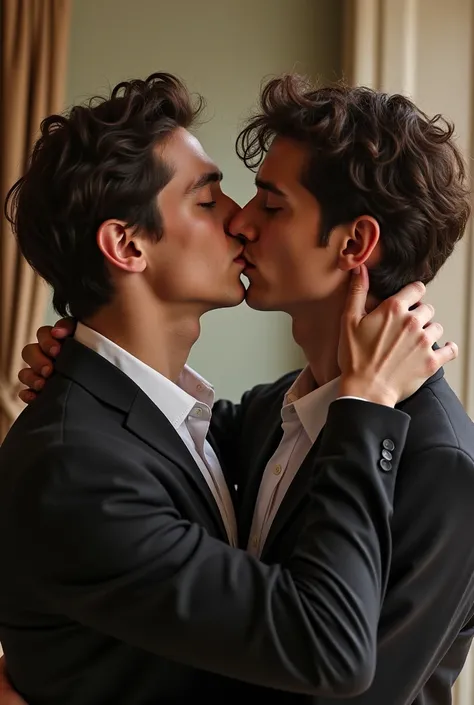  realistic photo shoot of Tom Holland  (identical to Petet Parker )  kissing another man his own age,  TOTALLY DIFFERENT FROM HIM , with Sicilian features ,  with short wavy hair honey . sono fidanzati