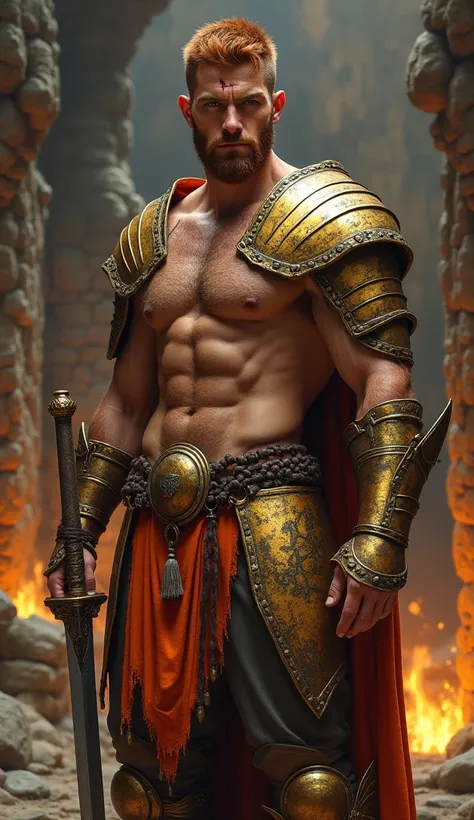 A realistic full-body portrait of a strikingly handsome warrior man standing tall and facing forward. He has a very masculine face with a visible scar, short, straight red hair, and yellow eyes. His body is covered in body hair, and he has a short, trimmed...