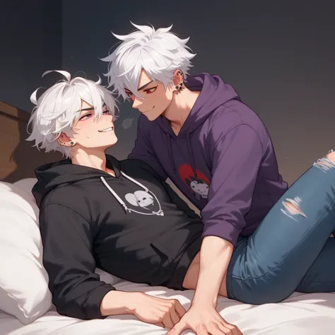 2men, laying in bed, couple, gay, cute, straddling hips, 1man, white hair, purple eyes, purple hoodie, black ripped jeans, piercings, messy short white hair falling between eyes, straddling hips, crossed arms, pouting, BREAK, 1man, red eyes, black hoodie, ...