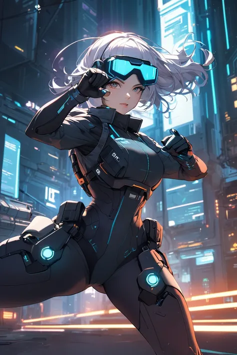 sci fi, hi tech, cyberpunk police woman action pose