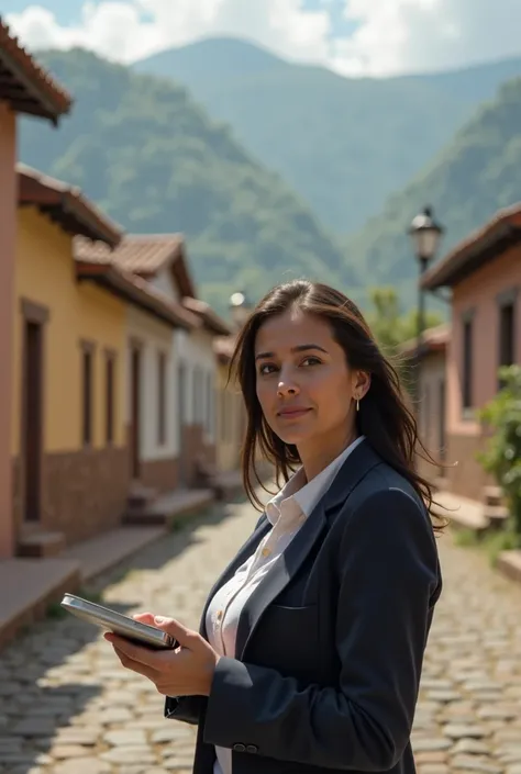 Create a realistic photographic image of a young woman thinking about real estate investment in Aucallama Peru arid land 
