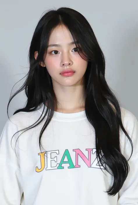 Generate an image of a young woman with long, wavy black hair and soft hair strands that frame her face. She is wearing a loose, oversized white spotted sports-style top with subtle lettering on the front that reads JEANZ in the colors yellow, pink, green,...