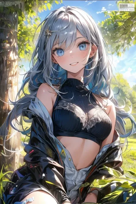 (from below:1.2),((1girl, silver hair, long hair, qutel blue eyes, beautiful eyes, pretty smile:1.5, ), ray tracing, vibrant colors, girl, masterpiece, sharp focus, best quality, depth of field, cinematic lighting, detailed outfit, 4k, perfect eyes, rich i...