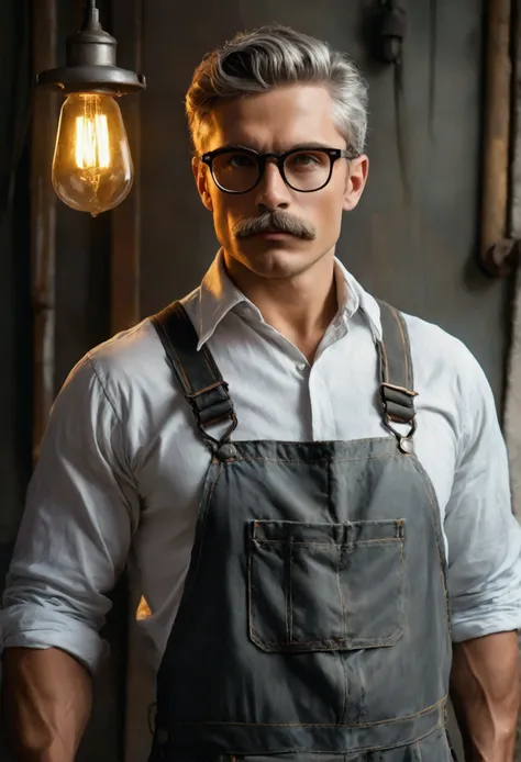 a muscular handsome masculine middle-age man wearing overalls, bluish eyes, sexy red lips, working in a machinery shop, sweat glistening on his exposed body, body smeared in engine oil, thick grey moustache, no beards, no goatee, short grey hair, eyeglasse...