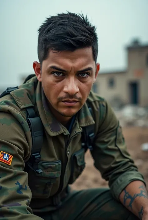 Best art extreme hyperealistic, UHD, HDR, 5D, a handsome masculine man, black very short hair, with romantic eyes and his sights towards to camera, wears fighter military uniform complete with the atributte army forces, His face and face were full of dust ...