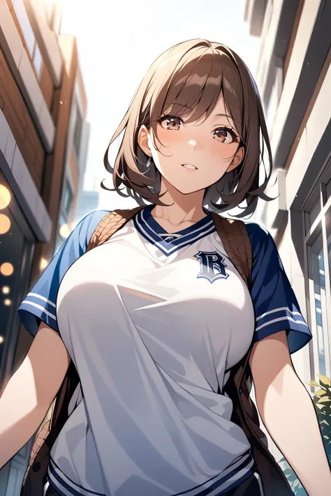  1 girl,   mature women building, vest, bow,  top quality , ,  detailed face , ,  Pull out the building ,  detailed background , Diffused sunlight,  depth of field , Bokeh、Big Breasts、Brown Hair、 Baseball Jerseys