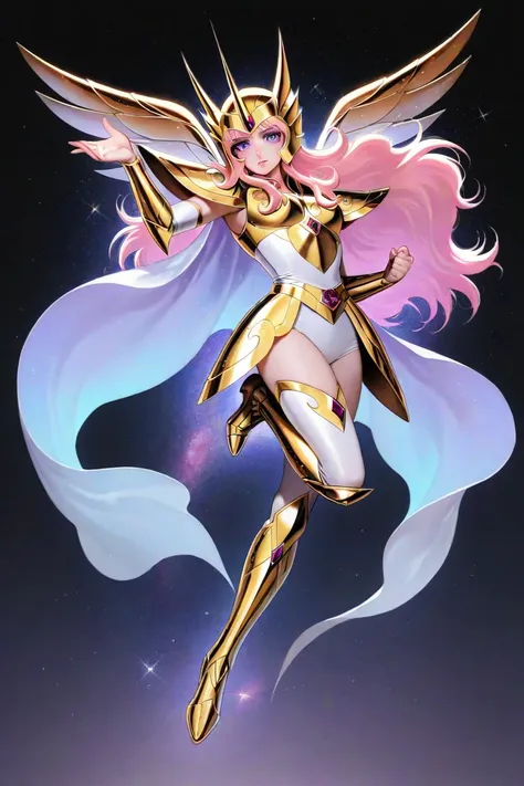 A full body young girl wearing a purple divine unicorn armor, cosmo, saint seiya