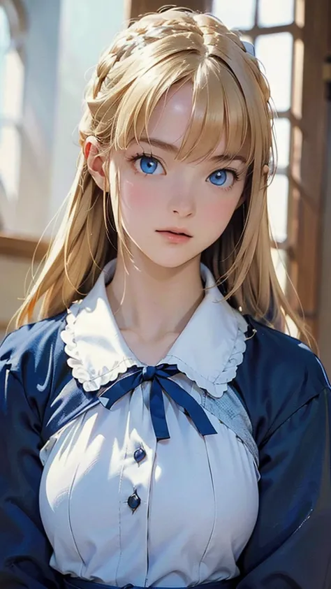  in high-definition images，Strange resolution ,  high res, (masterpiece: 1.4),  super detailed , A close-up of a extremely beautiful maid character, showing only from the chest up. She has long blonde hair, blue eyes, and is wearing a classic maid outfit,