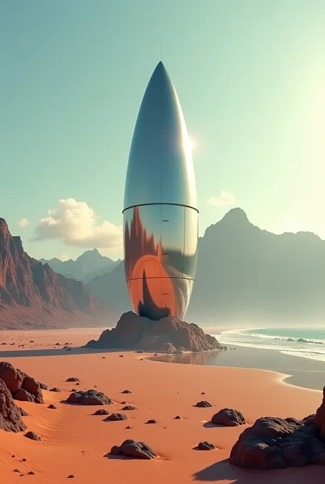 arafed metal object on a beach with mountains in the background, concept art inspired by Filip Hodas, cgsociety contest winner, retrofuturism, spaceship in a dry river bed, in the art style of filip hodas, space ship above an island, beeple and jean giraud...