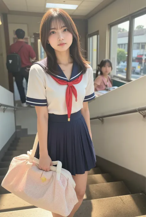 A serene morning in Japan, capturing the essence of a typical school day. A beautiful Japanese high school girl, dressed in a neatly pressed uniform with a pleated navy-blue skirt and a crisp white blouse, ascends the station’s sunlit staircase. Her school...